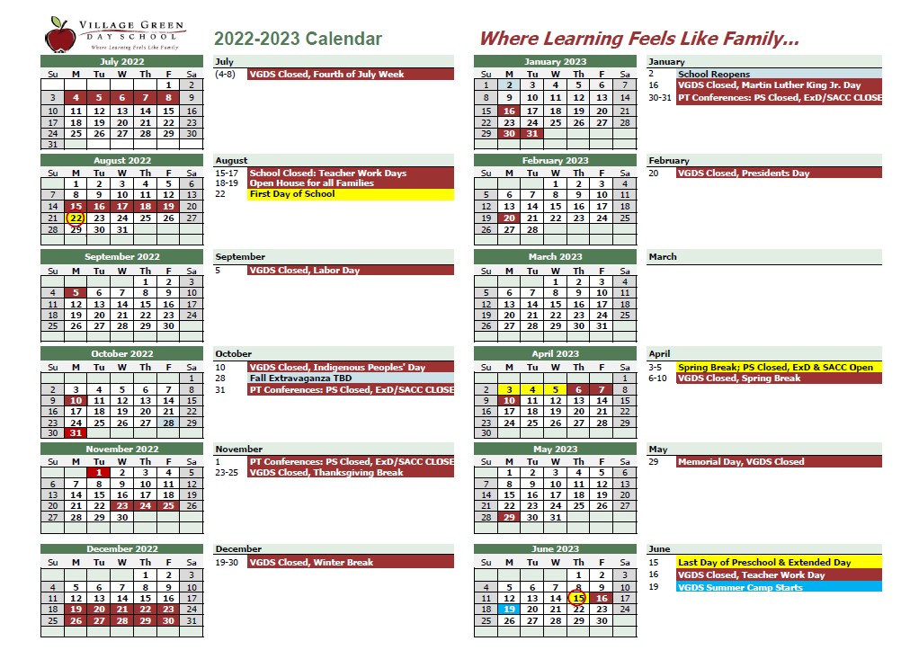 Calendar Village Green Day Schools, NOVA Great Falls, VA